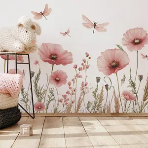 2PCS Watercolor Pink Flower Dragonfly Bedroom Porch Background Wall Beautify Wall Sticker Room Decoration