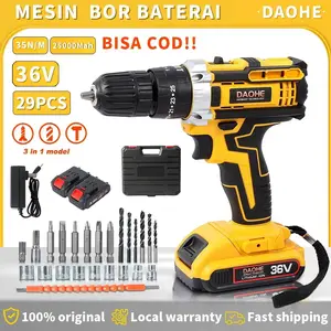 DAOHE  Mesin Bor Baterai 36vf 25+3 Cordless Impact Lengkap 2 Baterai Fullset Koper 35NM 10MM Chuck 100% Asli bor cas modern bor tanpa kabel beton bor listrik full set