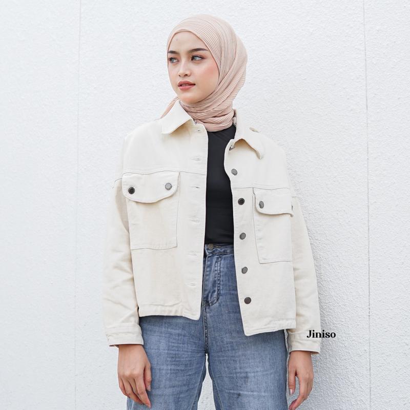 JINISO Jaket Crop Jeans Oversize Pocket Khaki 7