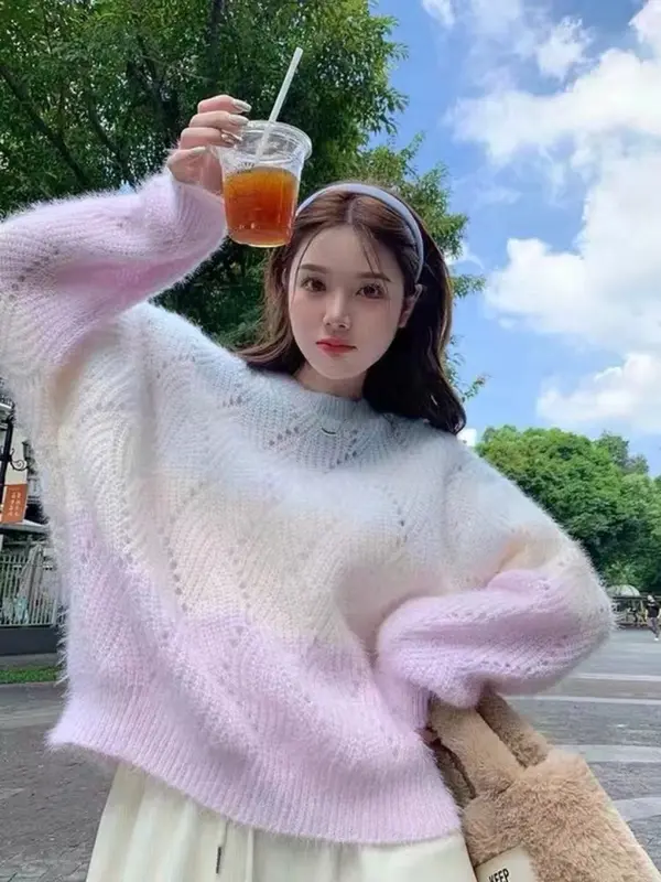 Sweater Rajut Wanita Rainbow Pelangi Lengan Panjang Pullover Leher Bulat Korea 7