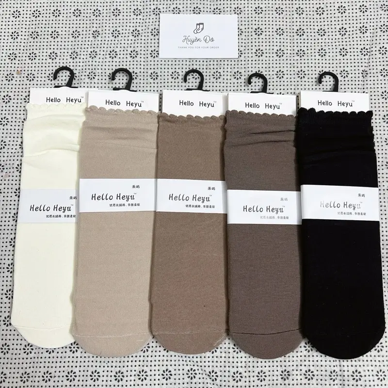 Sét 5 đôi tất cotton nữ cổ trung màu nâu kem phong cách dễ thương tối giản dễ phối đồ (TNU89) 1