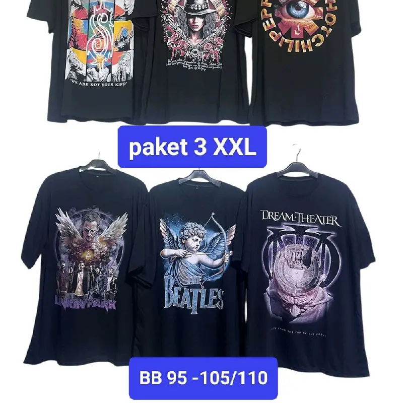 Paket 3 Kaos Band Oversize/2XL Semi Katun Dewasa dengan Sablon Plastisol Hitam - Variasi, Distro, Motif, Polos, Oblong, Pria, Panjang, Wanita 5