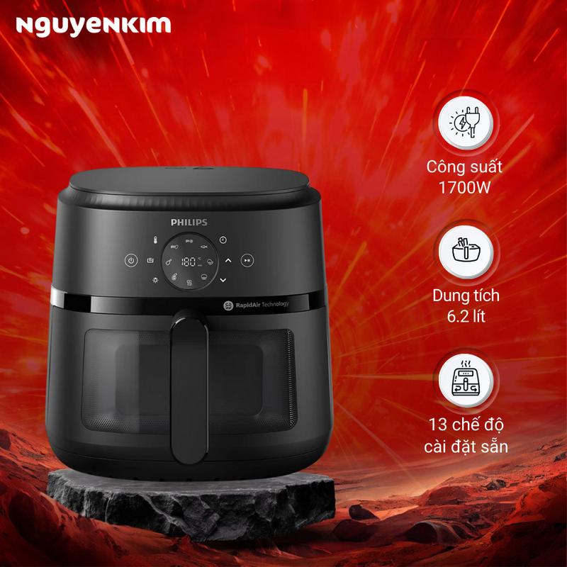 Nồi Chiên Không Dầu Philips 6.2 Lít NA230/00 - Mặt trong suốt dễ quan sát thực phẩm, 1700W nấu nướng nhanh chóng
