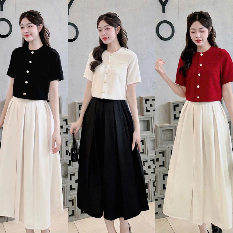 SB272- Có tách lẻ SET ÁO CROPTOP CỔ TRÒN ĐÍNH NÚT KÈM CHÂN VÁY MIDI DÀI XẾP LY vintage phù hợp đi chơi đi làm đi tiệc SET NỮ