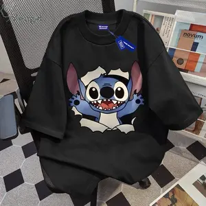 Yesgirl Korea style Cartoon Stitch print kaos kasual longgar| Kaos Oversize Wanita | Fashion korean style baju kaos oversize| Baju atasan wanita terbaru 100%cotton | Kaos Hitam Wanita | 6.13