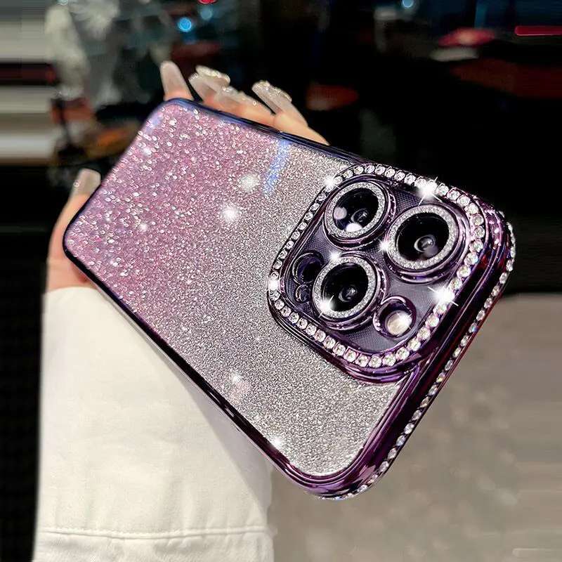 Gradient High End Flash Diamond With Lens Film Suitable For Iphone 15, 14, 13, 12, 11 Pro Max Electroplated Luxury Phone Case Shell Shockproof Accessories Back Cover Silicone Smooth Accessories Protection Boy Handheld Smartphone Screen Protector Devices