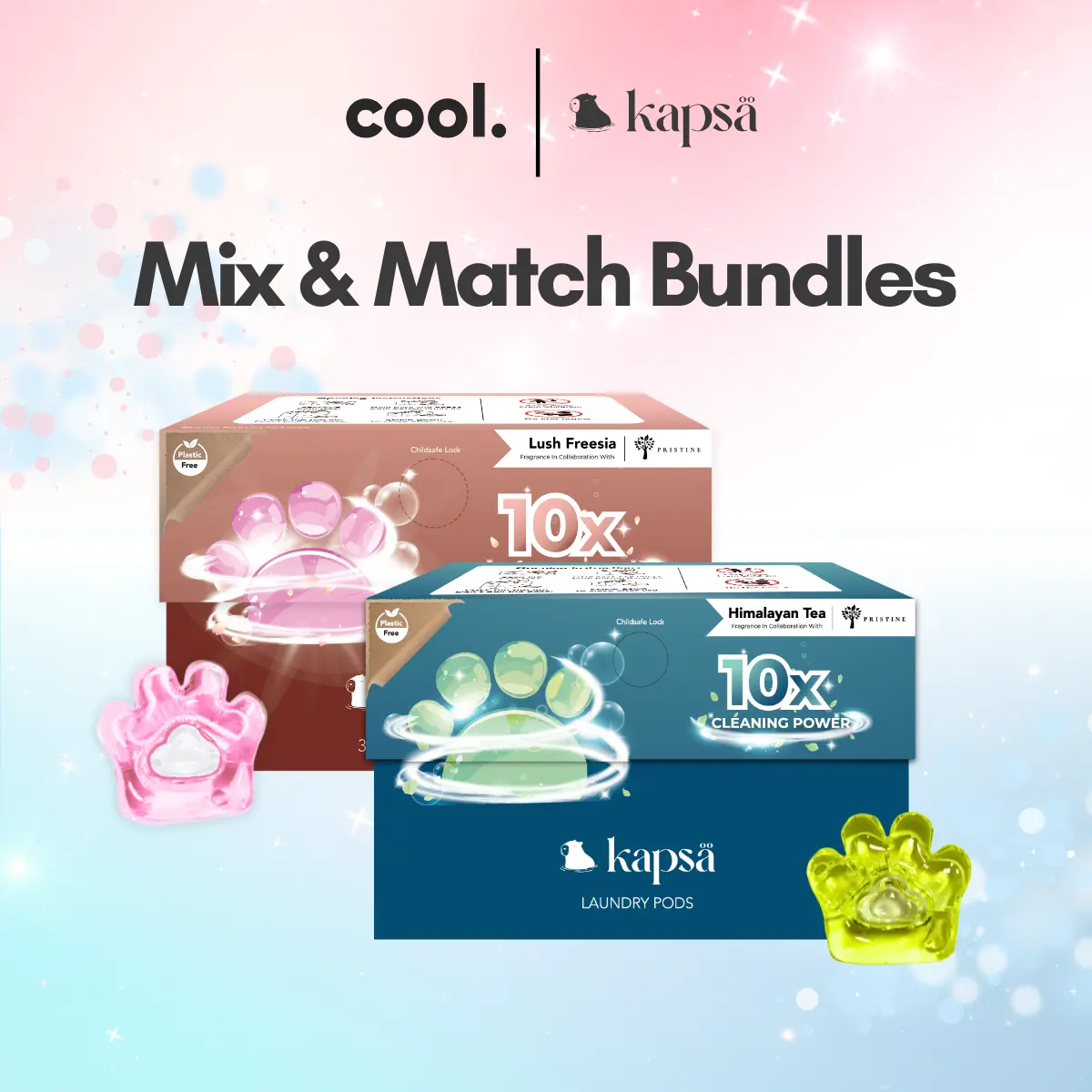 Kapsa Mixed Scents Bundle Laundry Pods - 30 Capsules | 10-in-1 Detergent Fragrance Softener | 10X Cleaning Power | Stain & Odour Removal | Low Suds For Sensitive Skin | Top Load & Front Load Washer | Eco-Friendly