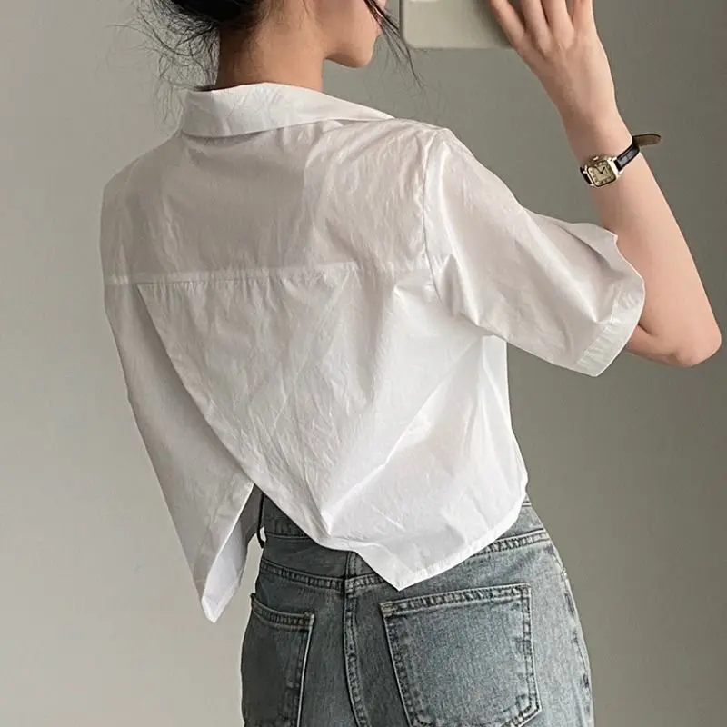Áo Sơ Mi Ngắn Cho Nữ, Thiết Kế Xẻ Lưng, Hở Lưng, Cạp Cao
