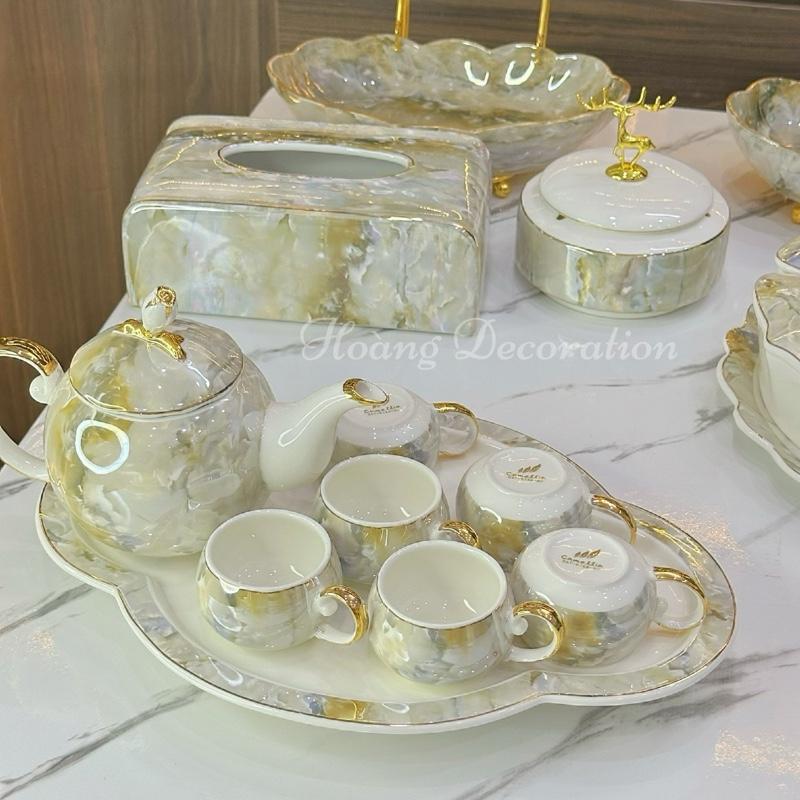 Bộ Ấm Chén Pha Trà Vân Đá Khay Xoay 360. Bộ Ấm Trà Bắng Sứ Cao Cấp Tráng Men Bóng.