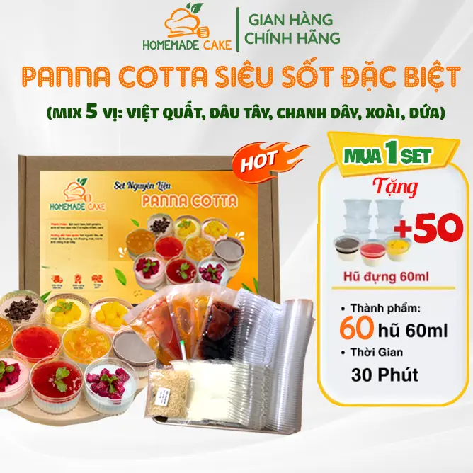 [SIÊU SỐT 5 VỊ] Set Panna Cotta 50-60 hũ- 5 vị sốt trái cây Việt Quất, Dâu, Xoài, Chanh Dây, Dứa kèm 20 hũ Food Cake