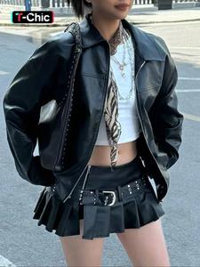 Chaqueta de motocicleta estilo Preppy para mujer, abrigo de cuero holgado y casual de manga larga, ropa de abrigo de moda para otoño e invierno para mujer