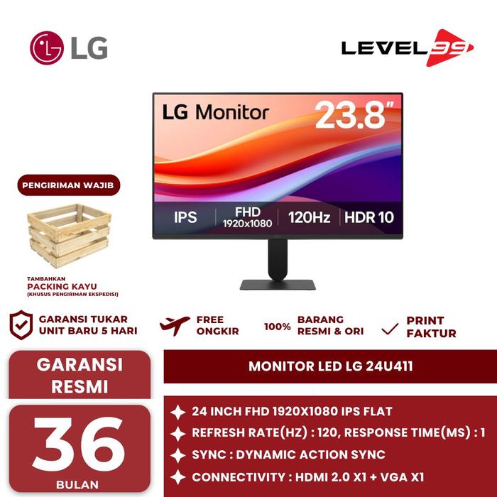 Gambar Monitor LED LG 24U411 24" IPS 1080p FHD 120Hz VGA HDMI Vesa 100x100mm 1ms with 4 Side Borderless - LED Monitor LG 24U411A-B 24" 120HZ Borderless dari Level99Store Kota Surabaya Tokopedia