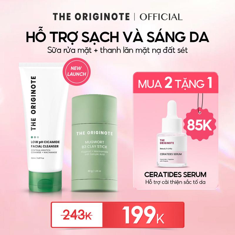 [MUA 2 TẶNG 1] Combo Thanh Lăn Mặt Nạ Đất Sét và Sữa Rửa Mặt Low PH Cicamide The Originote sạch sâu hỗ trợ cải thiện mụn tặng Serum