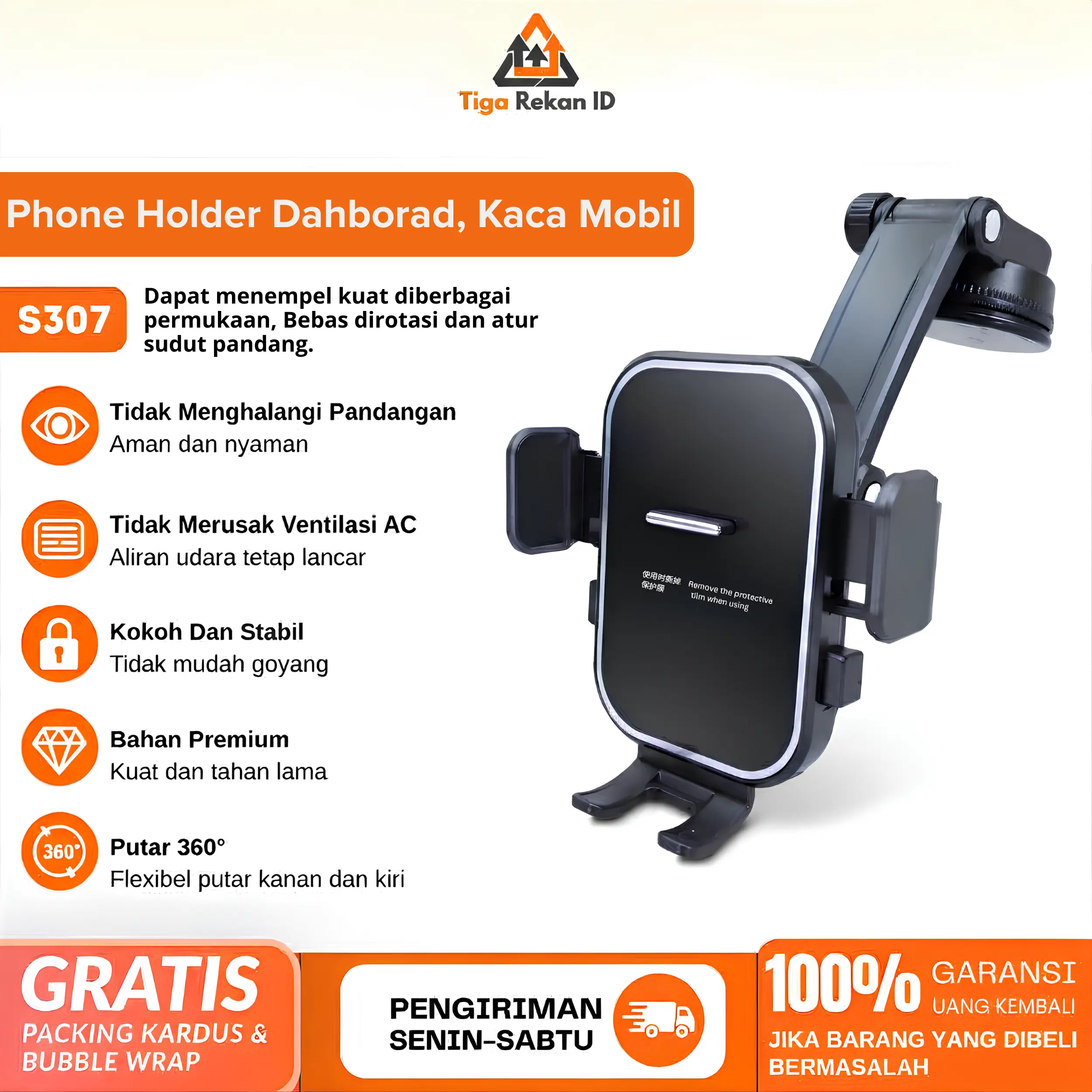 S307 Car Phone Holder Mobil Dashboard Kaca Holder HP Long Neck 360 Free Rotation Dudukan Handphone Vacum Tempel Suction Cup Meja