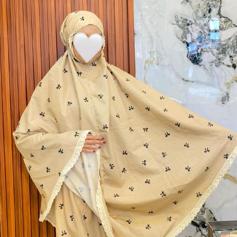 Mukena Rayon Motif Ribbon Pita Hitam - Katun Dewasa - Cantik, Panjang, Wanita, Travel, Renda, Muslim, Mukenah, Bali 0