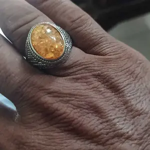 Cincin Pria Oranye Artificial Amber Stone Vintage Perak Hitam Terukir Punk Hip Hop Cincin Aksesoris Fashion Hadiah Asli Ring