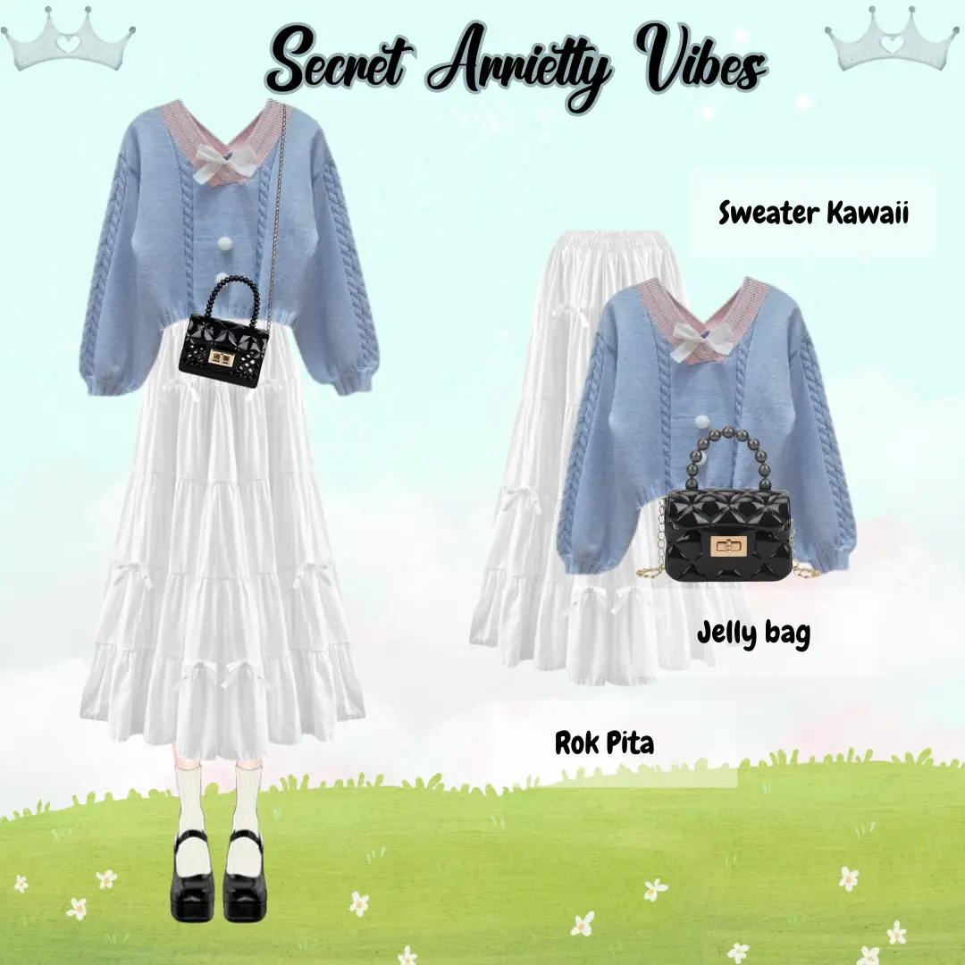 One Set Outfit Ghibli Vibes Kekinian - Sweater Kawai + Rok Susun Pita Putih + Jelly |RD088|