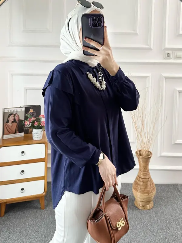 Kimy Blouse Ruffle Rayon Twill Atasan Wanita Lengan Kancing 3