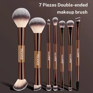 MAANGE 7pcs Brochas de maquillaje profesionales de doble punta para base, corrector, rubor, sombra de ojos, contorno, bronceador, polvo, difuminación, cejas y delineador de ojos, accesorios de maquillaje sin crueldad, regalos.