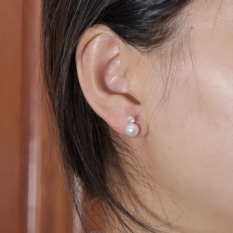 Natural pearl S925 silver princess style female earrings earrings 7-8mm round strong light almost flawless fashion flow