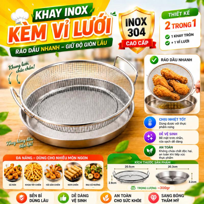 (Combo 2) Khay Lọc Dầu Inox 304 Kèm Vỉ Lưới Cao Cấp Khay Ráo Dầu, Lọc Dầu Chiên Rán, Hấp Thực Phẩm, Chống Gỉ Sét