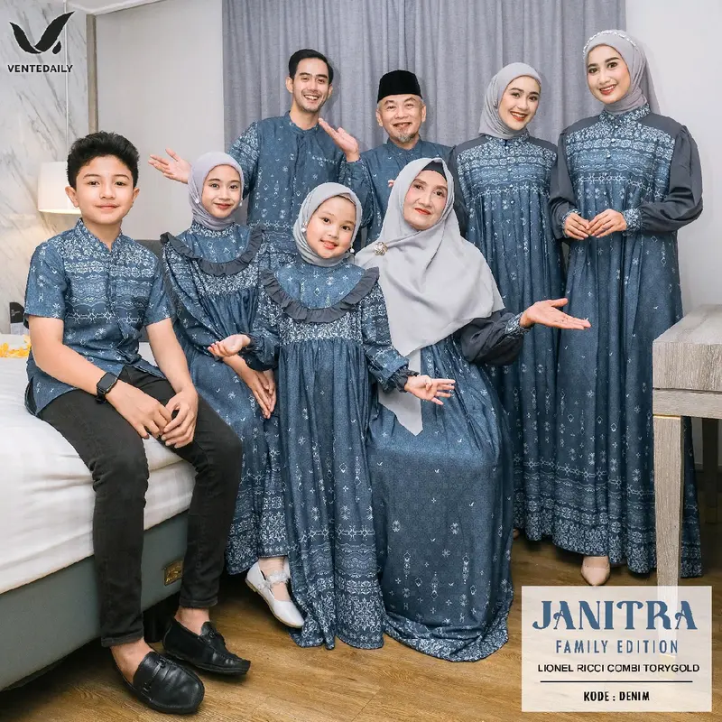 SISOL - JANITRA FAMILY SET SERIES ORI VENTEDAILY 2025 - Baju Seragam Sarimbit Lebaran Idul Fitri Idul Adha Halal Bihalal Keluarga Dress Dewasa dan Anak + Kemeja Koko Dewasa dan Anak Kembaran Motif dan Bahan Leonel Ricci mix Torygold Premium Ekskulif 1