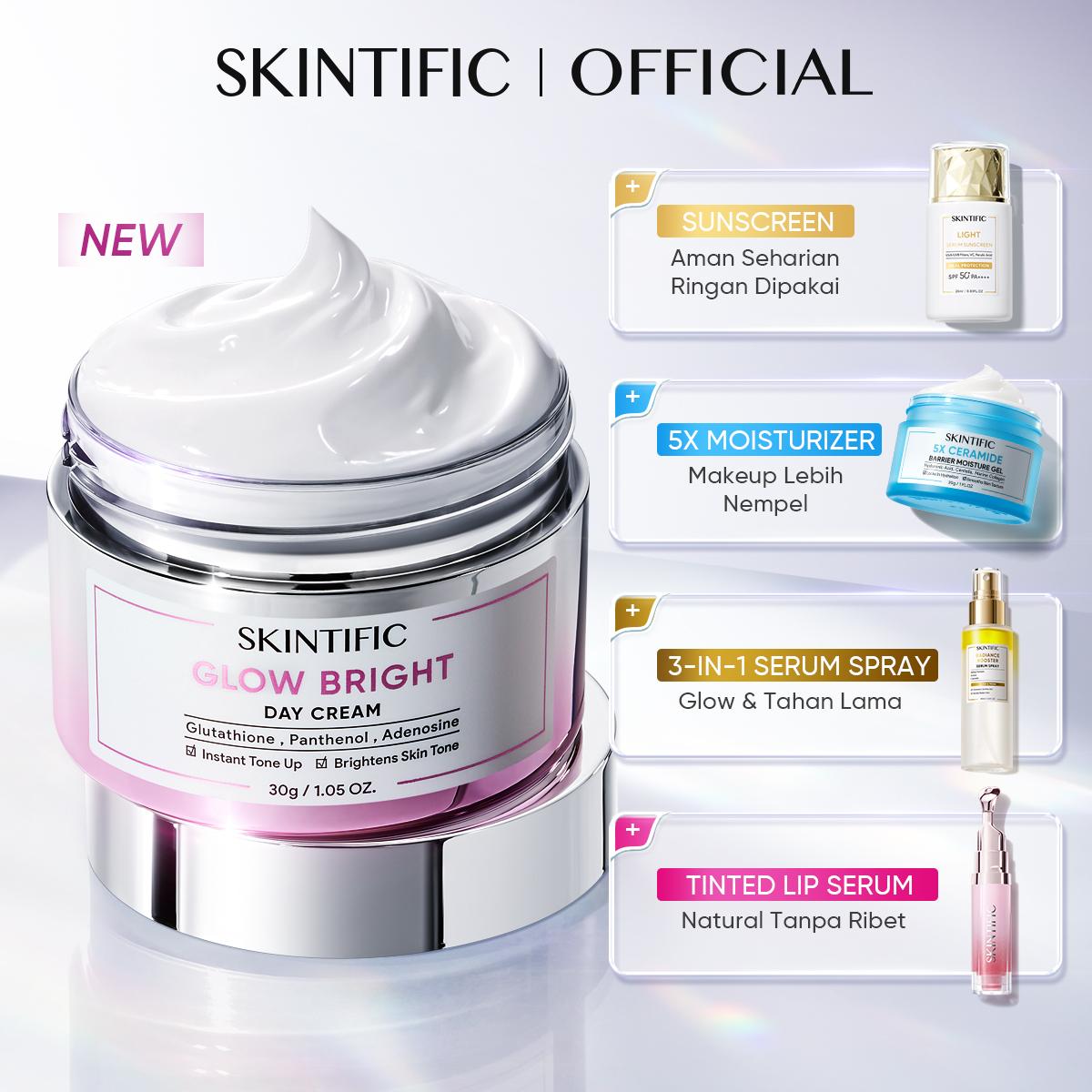 【New】SKINTIFIC – Glow Bright Day Cream 30g– Tone Up Moisturizer untuk Wajah & Leher – Brightening Whitening Lazy Cream Foundation Look – Quick Makeup Day & Night Facial Moisturizer dengan 2% Niacinamide, Panthenol & Adenosine