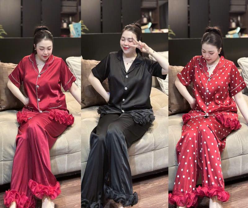 Đồ bộ tay ngắn nữ họa tiết trơn với chấm bi phối viền bèo xinh xắn chất liệu lụa latin mềm mát có size đến 80kg