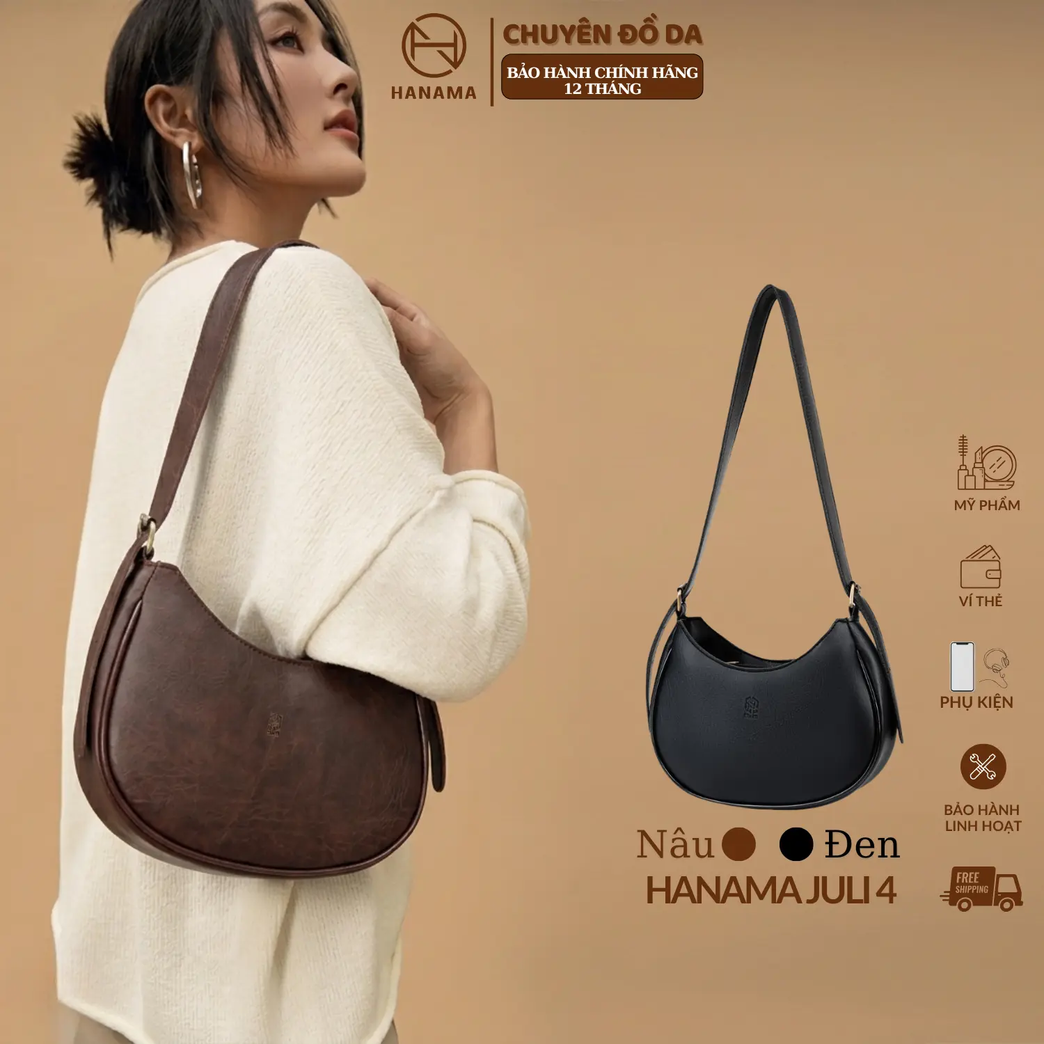 [DAILY_HANAMA]_Túi xách nữ đeo vai nữ thiết kế cao cấp HN Juli4 Da Bag Đen - Nâu hanama túi xách