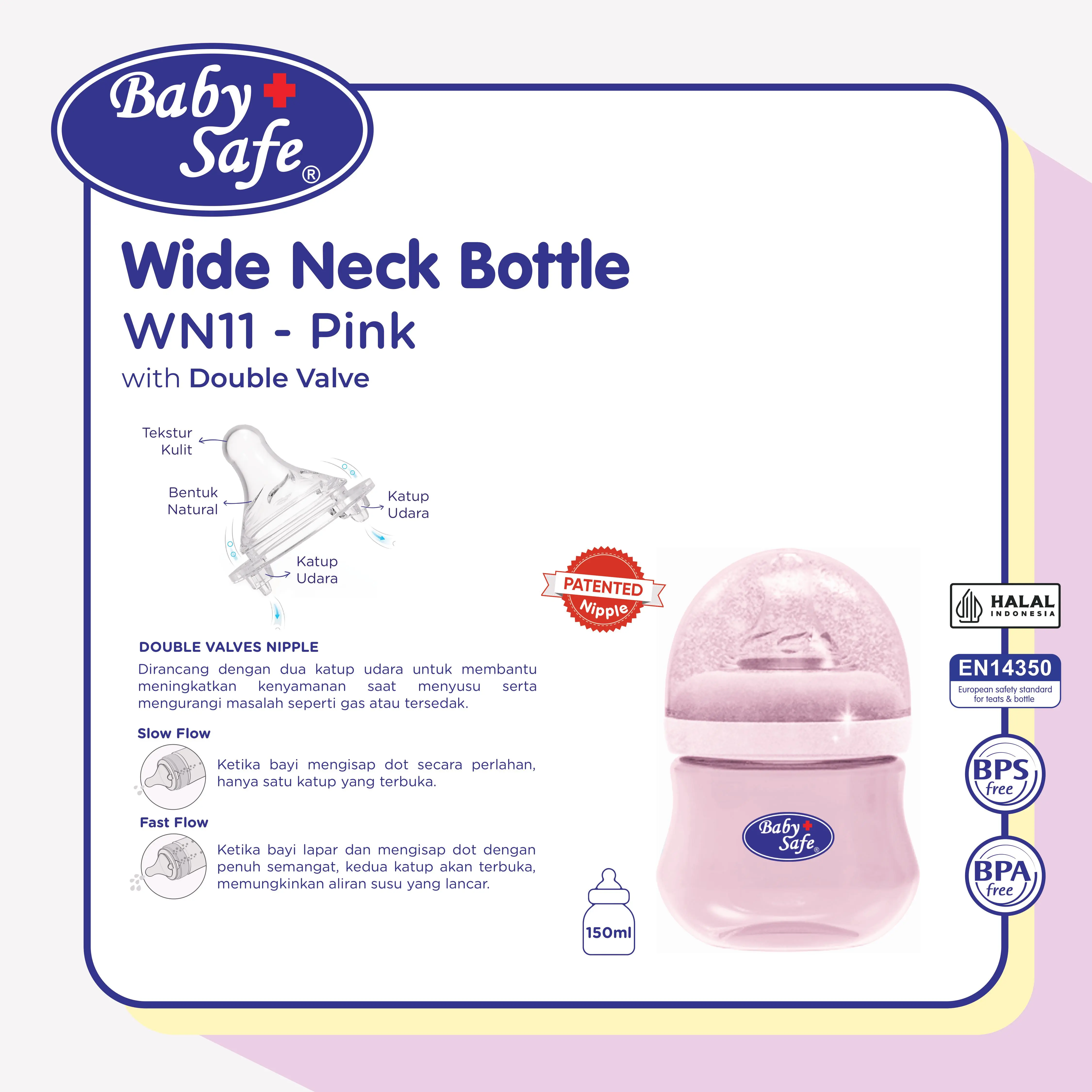 BabySafe - WN11P - Botol Susu Bayi Wide Neck 150 ml (Pink)