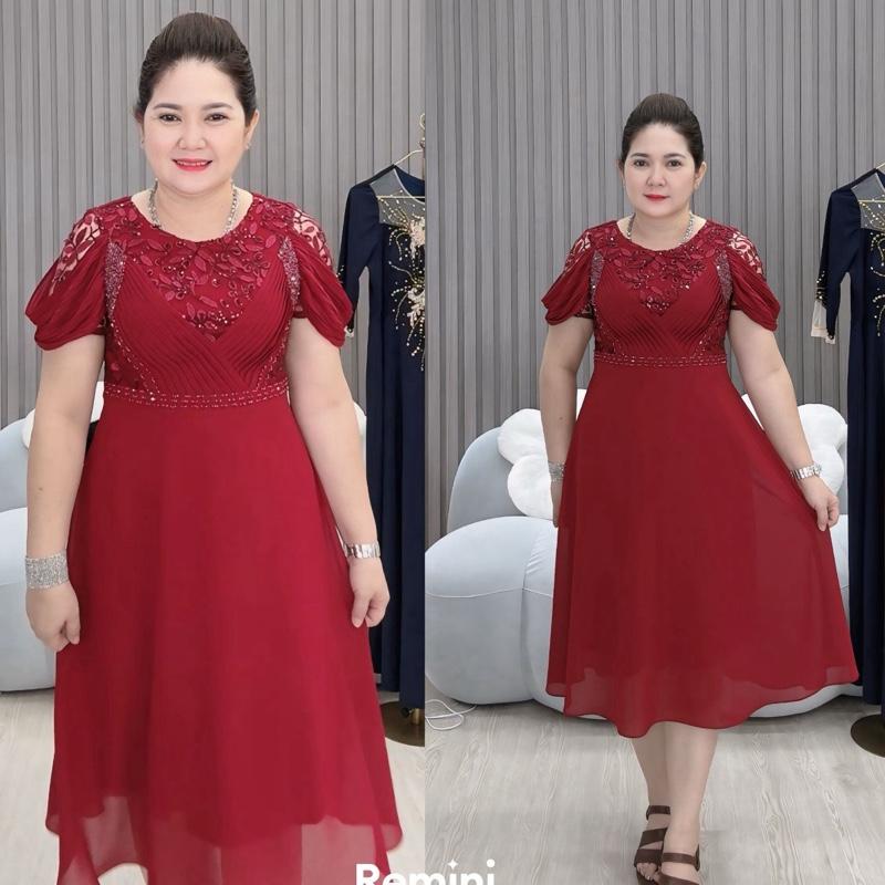 MIN SHOP - Váy Xoè Trung Niên Dự Tiệc Hàng Thiết Kế Nữ kiểu tay ngắn rớt vai Nữ Women Voi Dress Kem Voan Cotton phù hợp làm sui đi cưới nhóm họ
