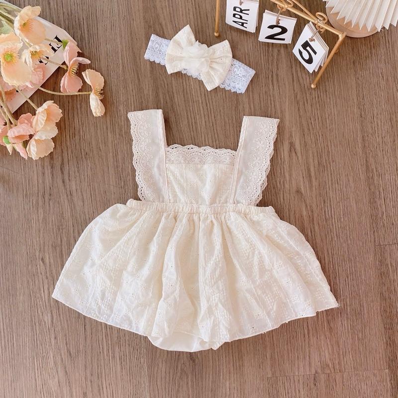 Bodysuit Cho Bé Dáng Váy Boi Kem Thêu Ren Vải Kèm Turban Nơ Hoa Xinh Xắn Cho Bé 3-11kg