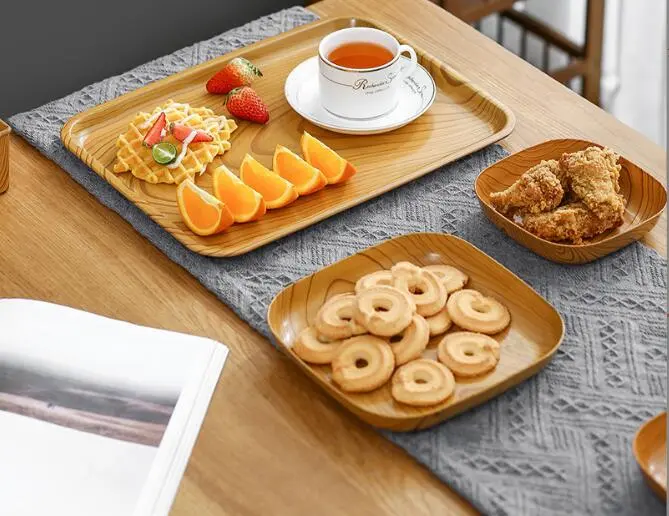 Bộ Đồ Ăn Gia Đình, Đĩa Vuông Có Đế, Thiết Kế Bằng Nhựa Và Gỗ, Đồ Dùng Cần Thiết Hàng Ngày, Đĩa Plato Saucer Platito, In Đồ Ăn Nhẹ Vuông, Thích Hợp Để Bàn Ăn Gia Đình 2