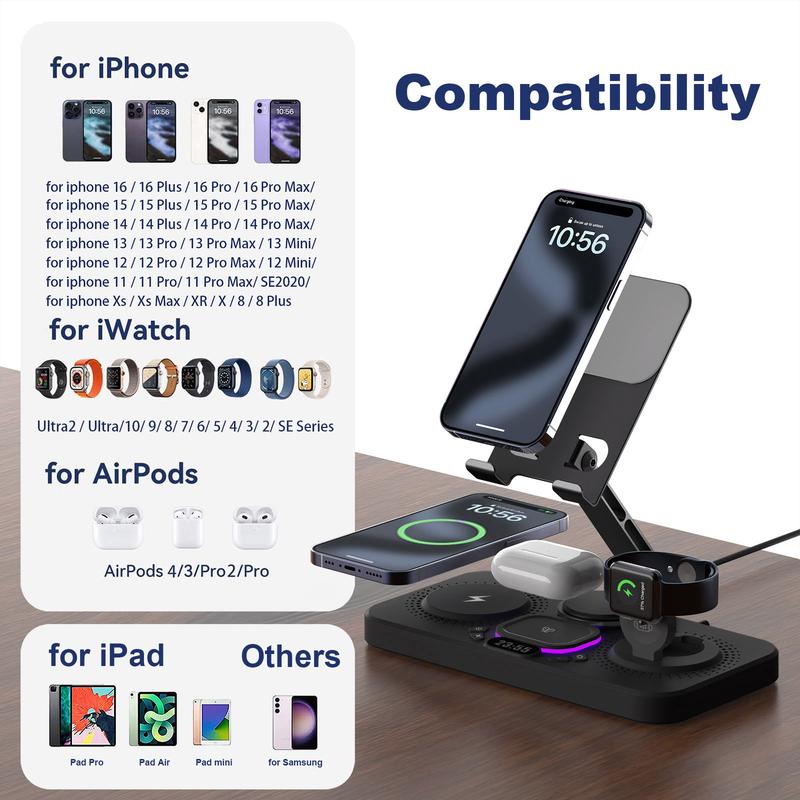 6 in 1 Multifunctional Wireless Charger Mobile Phone Fast Charging Station With Clock,Tablet Holder For iPad, iPhone, Apple Watch, Airpods Pro 1