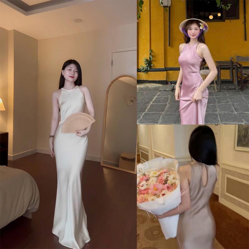 Đầm Lụa Cổ Yếm Form Dài Không Dây Kéo Không Mút Một Lớp Nữ Dress Women - LYC