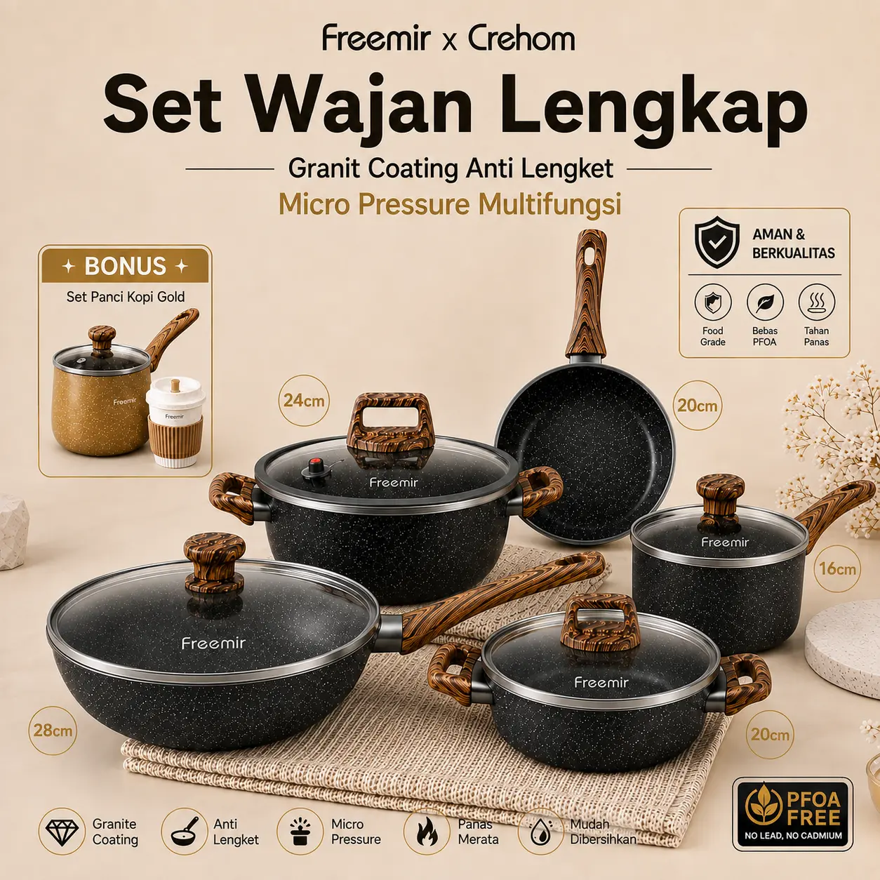 [Special Crehom] freemir 5 Pcs Set Wajan Panci Granit Coating Anti Lengket Alat Masak Lengkap Micro Pressure Cookware Penggorengan Peralatan Dapur