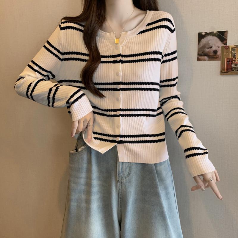 Áo Cardigan Dệt Kim, Thời Trang Thường Ngày Cổ Tròn, Áo Len Cropped Xén, Dành Cho Nữ, Bộ Sưu Tập Mùa Xuân Và Mùa Thu, Với Thiết Kế Sọc 6