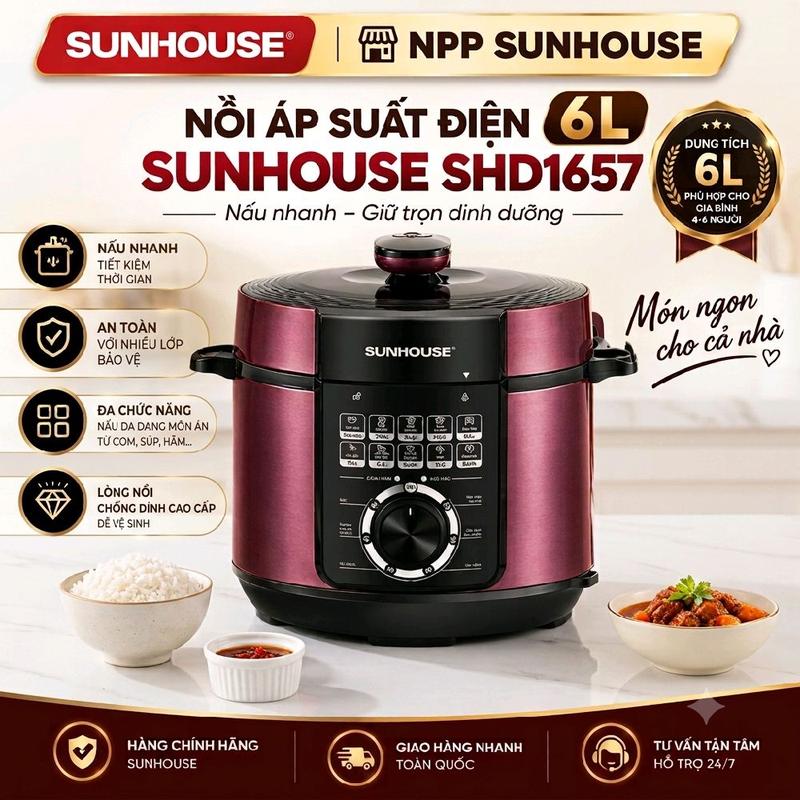 Nồi Áp Suất Điện Đa Năng SUNHOUSE SHD1657 - Dung tích 6L - Van xả áp thông minh - Đa chức năng nấu - Lòng nồi chống dính