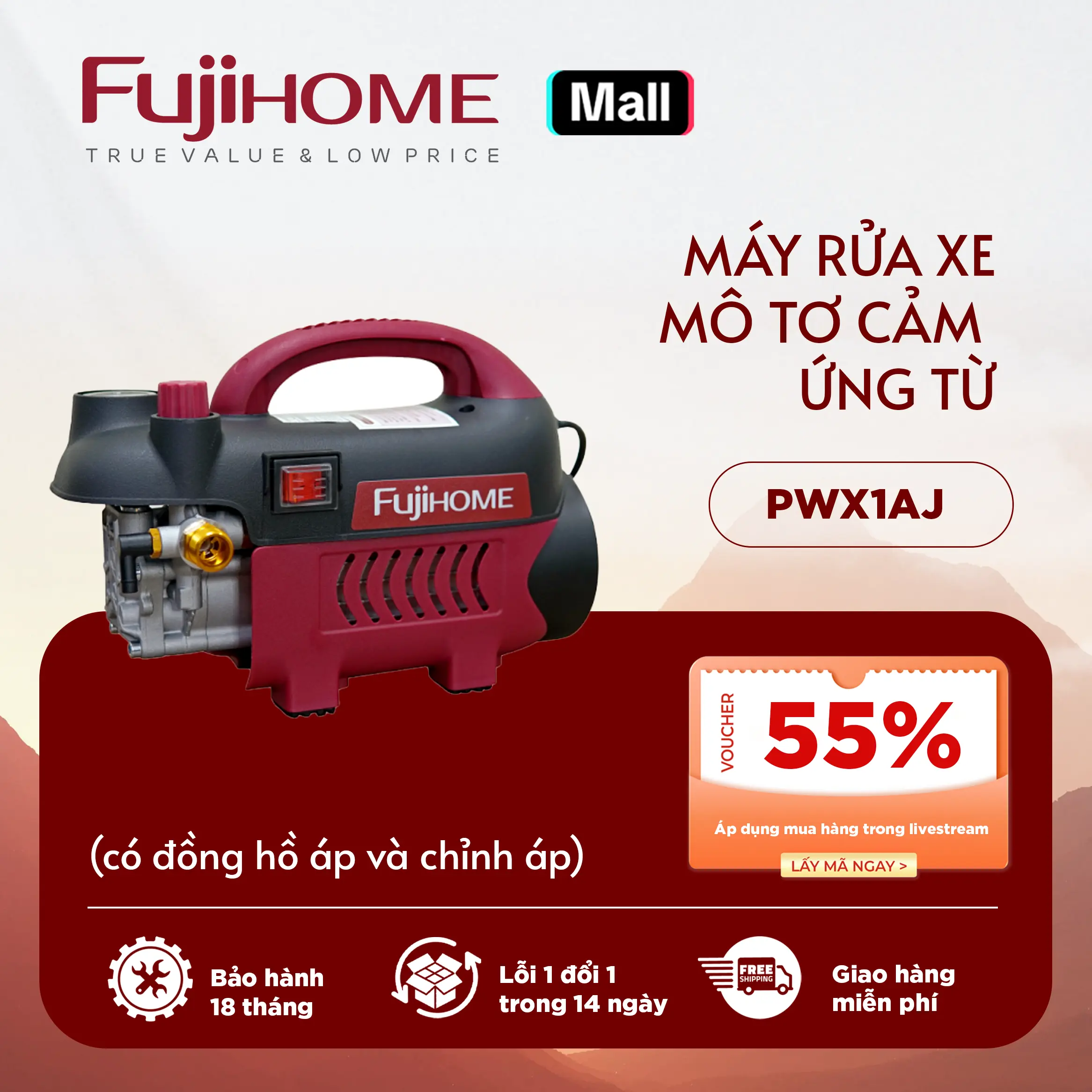 [ĐỒNG HỒ ÁP và CHỈNH ÁP] Máy xịt rửa xe cao áp cho ô tô xe máy PWX1AJ FujiHome - BH 18 tháng
