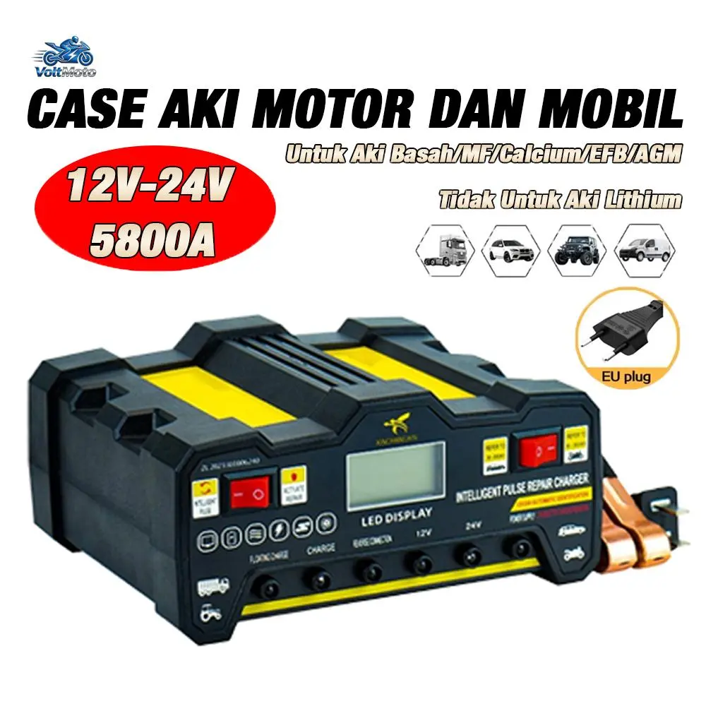 12V 24V Charger Aki Otomatis Smart Intelligent Auto Repair Mobil Pengisi Daya 5800A Charger Otomatis Aki Mobil Motor Kapal Truk Automatic Fast Smart Charger Logam charge raki Car Kabel