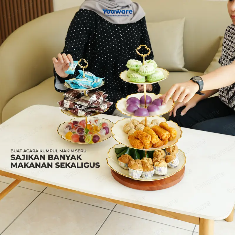YOUWARE - Hayse Rak Kue Susun 3 Tingkat / 4 Tingkat Detachable Plate Cake Stand Display Plastik Piring Saji 3 Tingkat Susun Lepas Pasang dengan Handle Rak Makan Kue Buah Cake Camilan Rak Kue Cake Emas Aesthetic dan Elegan 6