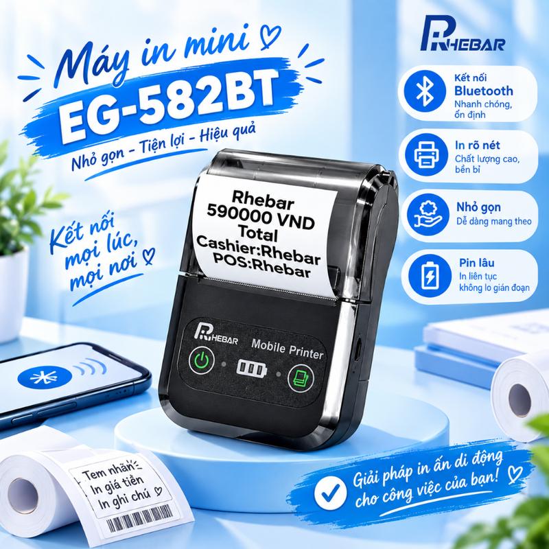Rhebar Máy In 58mm – In Nhanh 90mm/s, Hóa Đơn Sắc Nét - Hỗ Trợ Mọi POS, In Nhanh – Pin Khủng – Bền Bỉ -In 203dpi - Dễ Sử Dụng