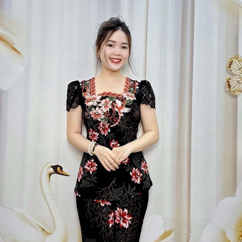 A73 Đồ bộ Thun nữ trung niên hoạ tiết bông cúc phối tay ren thương hiệu Hải Sơn Women