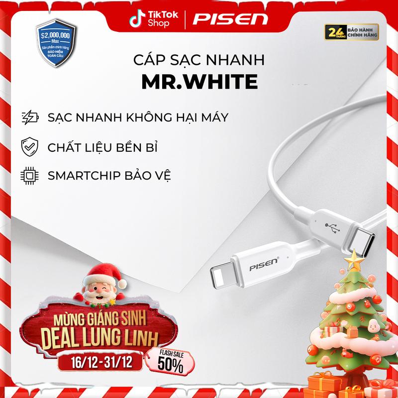   PISEN  Cáp Sạc Nhanh 20W | An Toàn Bảo Vệ Máy Chống Chai Pin Tương Thích Iphone X-14 Series | PISEN QUICK - Mr White Lightning USB-C 1m | CL-PD-1000 | Bảo Hành 18 Tháng | Bảo Hiểm 2 Triệu Đô Toàn Cầu 