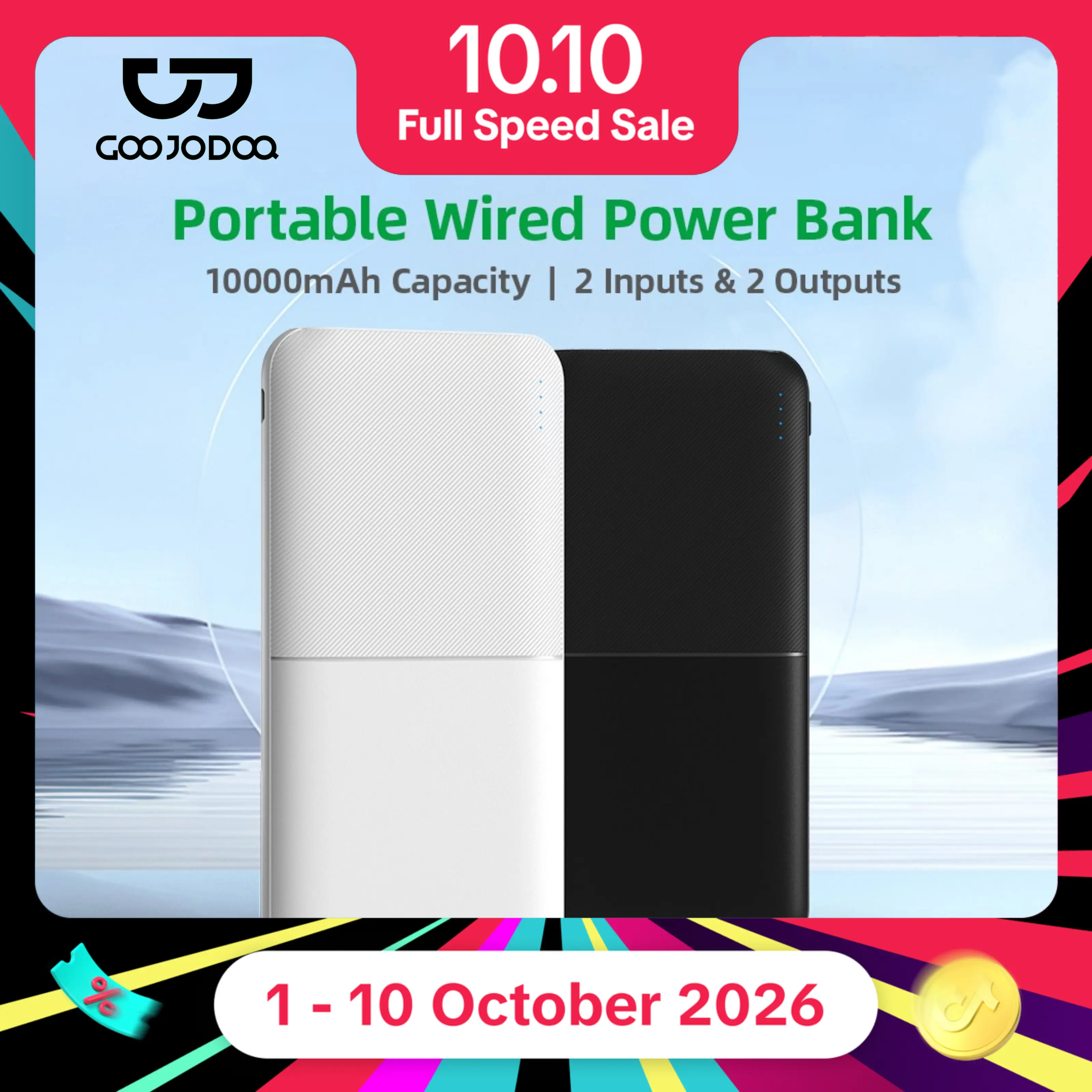 GOOJODOQ 10,000 mAh Battery Bank Kuasa 10W Portable Power Bank | 2 Inputs & 2 Outputs Port for Mobile IOS Android | Powerbank