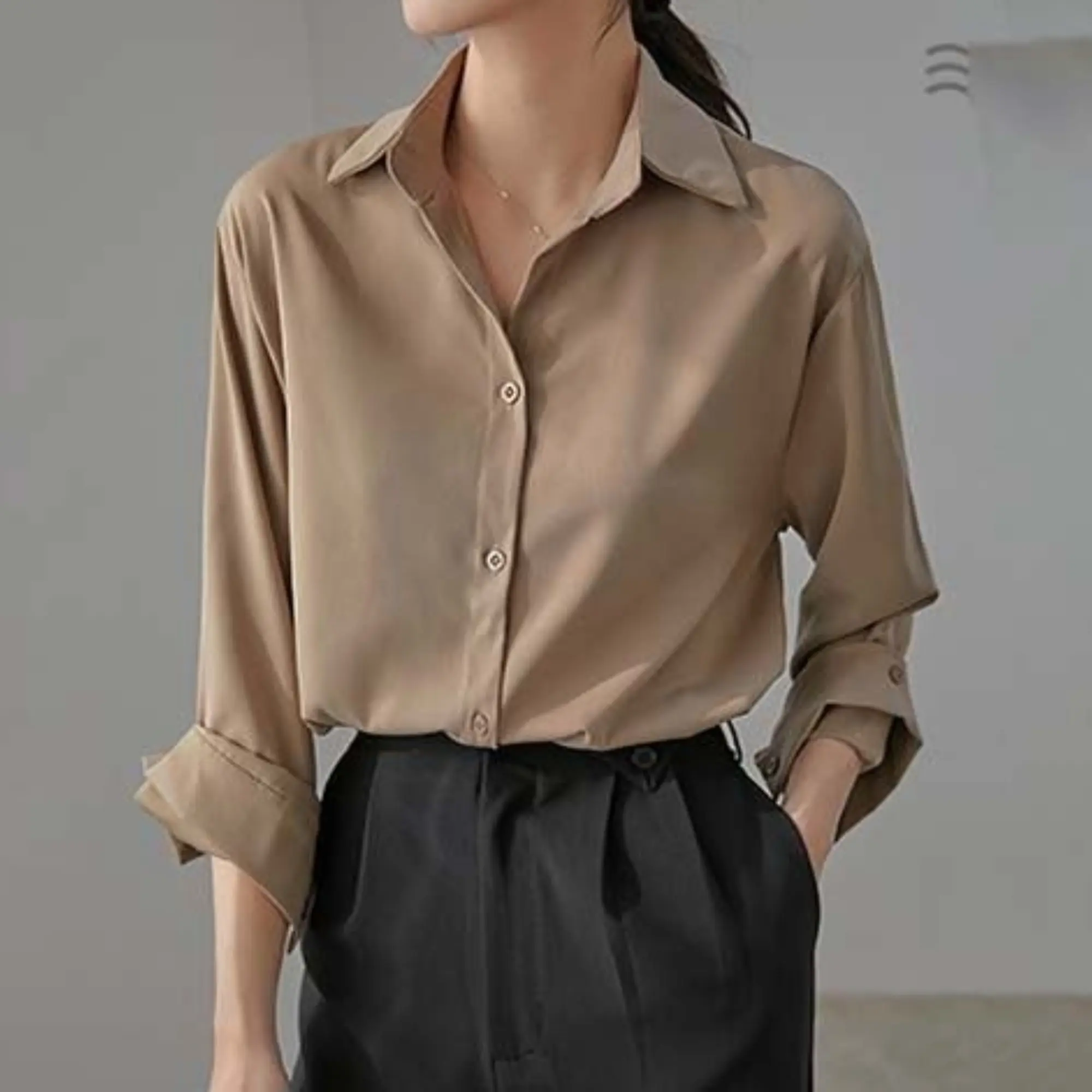 Kemeja Wanita Polos Model Minimalis Lengan Panjang Full Kancing Bahan Shakila Twill Lembut