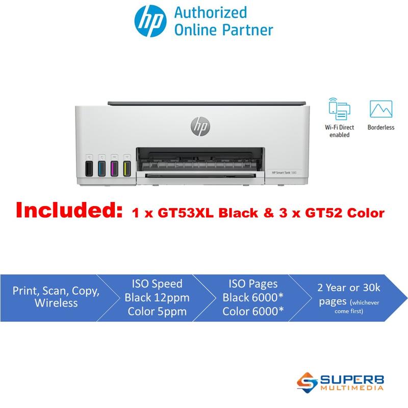 HP Smart Tank 580 All-in-One Printer (Print, Scan, Copy, Wireless) Support Mac and Windows