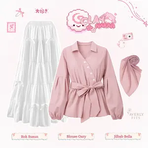 Outfit Remaja Oneset Korean (Blouse Oary, Rok Susun Pita, Jilbab Bella) Pink Lucu 3in1 Fairy Style - AV32