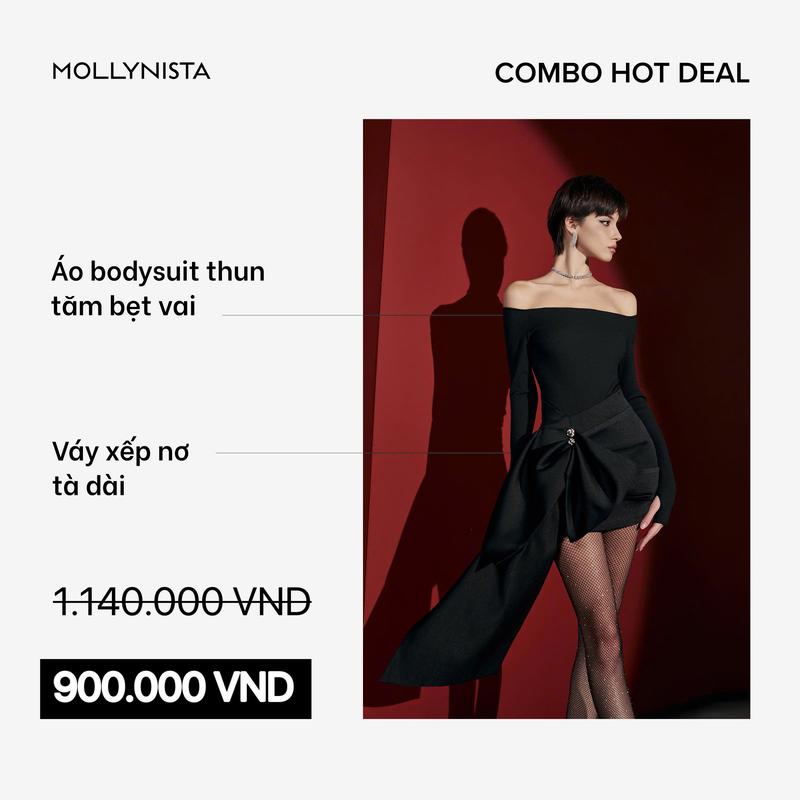 Áo thiết kế bodysuit thun tăm bẹt vai MOLLYNISTA thanh lịch quyến rũ nữ tính cao cấp tôn dáng