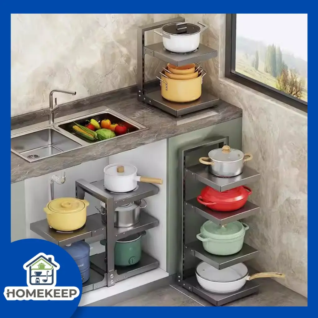 HOMEKEEP Rak Panci Area Wastafel Dapur Serbaguna Praktis dari Stainless Steel Mudah Dirakit dengan Tingkat Adjustable dan Pemasangan Tanpa Bor - Besi, Alat